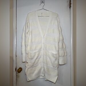 Anthropologie Daily Practice Cream Knit Cardigan Long Striped Sweater | Medium